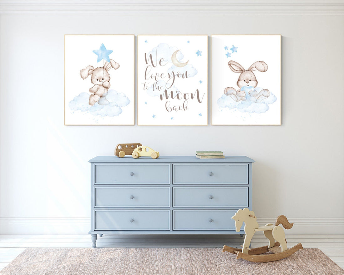 Nursery decor boy bunny, bunny print set, we love you to the moon and back, rabbit nursery decor, boy nursery, Bunny print, boy nursery art