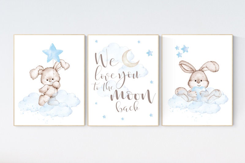 Nursery decor boy bunny, bunny print set, we love you to the moon and back, rabbit nursery decor, boy nursery, Bunny print, boy nursery art