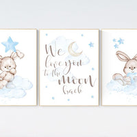 Nursery decor boy bunny, bunny print set, we love you to the moon and back, rabbit nursery decor, boy nursery, Bunny print, boy nursery art