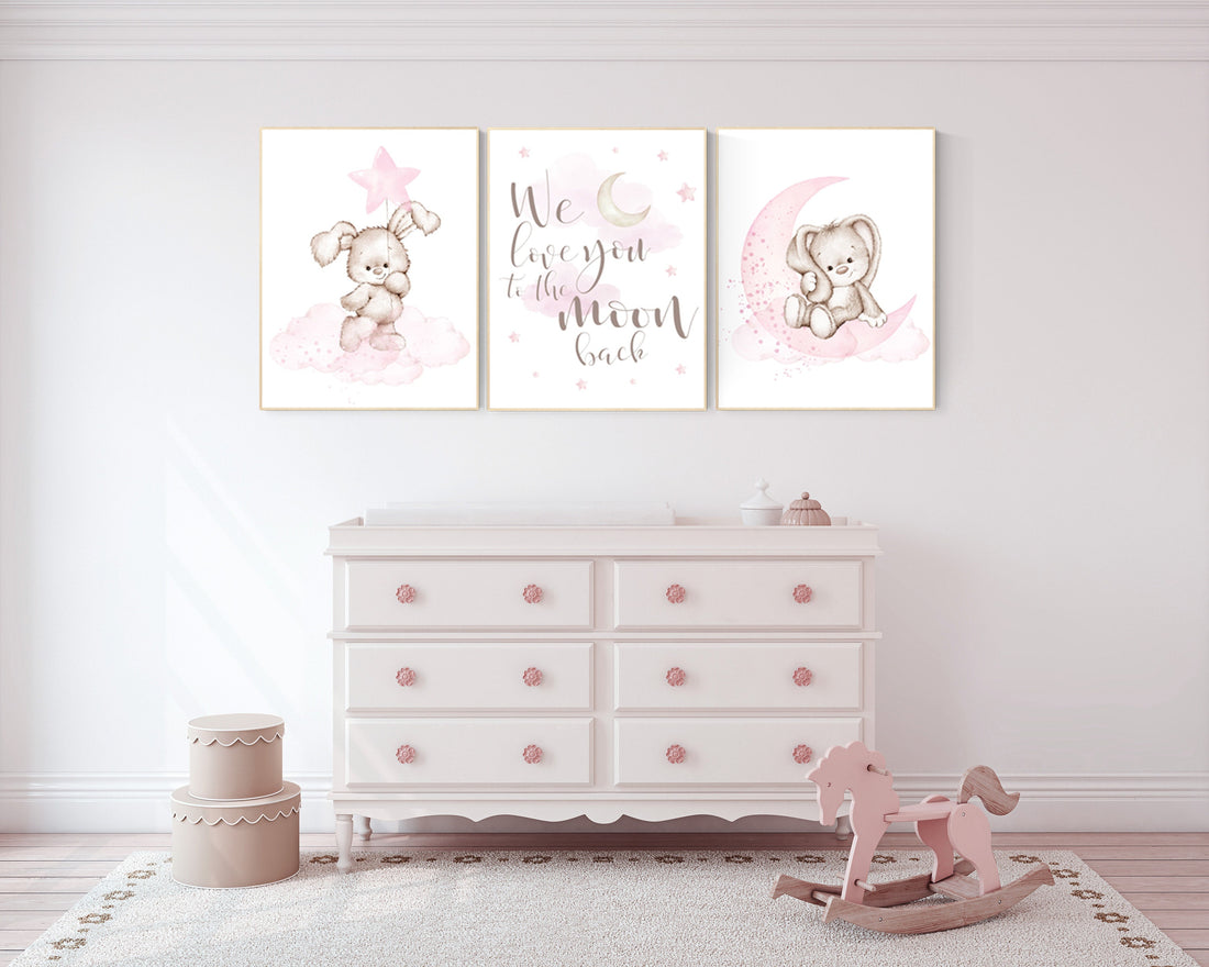 Nursery decor girl bunny, Bunny nursery decor, pink nursery, nursery prints animals, we love you to the moon and back, cloud and stars
