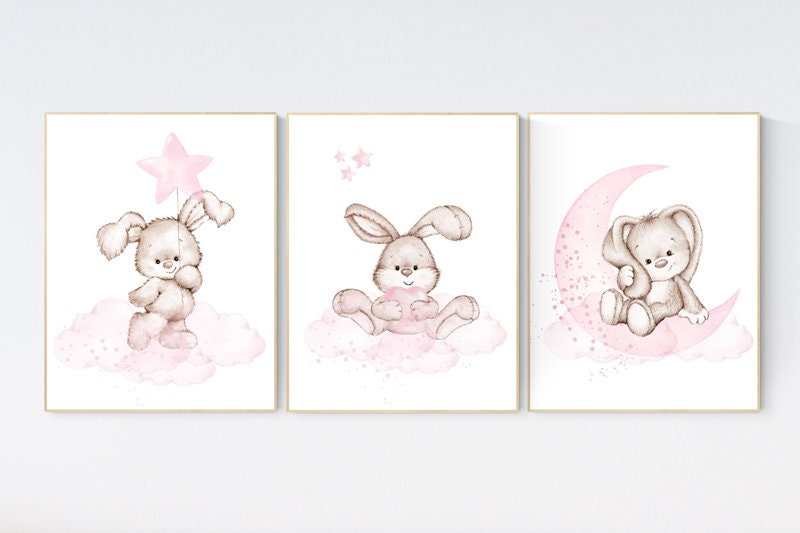 Nursery decor girl bunny, bunny print set, pink and gray nursery, rabbit nursery decor, girl nursery, bunny art, Bunny print nursery