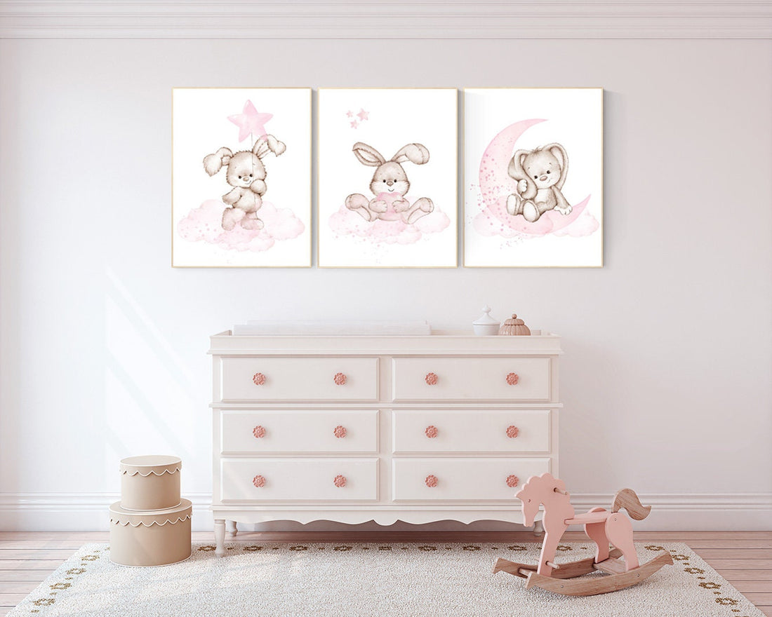 Nursery decor girl bunny, bunny print set, pink and gray nursery, rabbit nursery decor, girl nursery, bunny art, Bunny print nursery