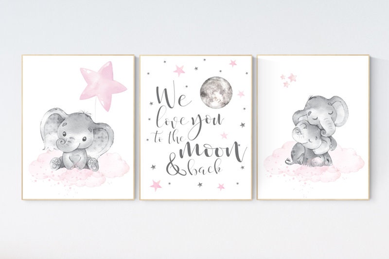 Elephant nursery, nursery wall art elephant, nursery decor girl, we love you to the moon and back, baby room wall art, girl nursery decor