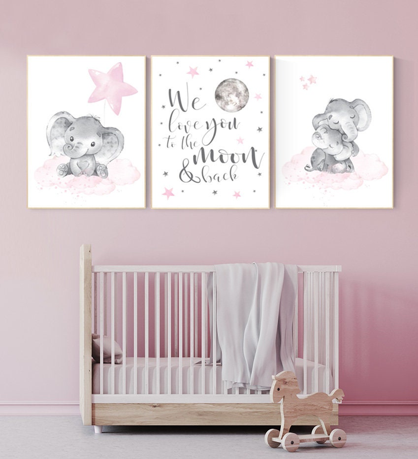 Elephant nursery, nursery wall art elephant, nursery decor girl, we love you to the moon and back, baby room wall art, girl nursery decor