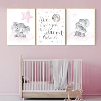 Elephant nursery, nursery wall art elephant, nursery decor girl, we love you to the moon and back, baby room wall art, girl nursery decor