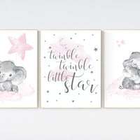 Nursery decor girl, Elephant nursery art, elephant nursery print, twinkle twinkle little star, baby room wall art, girl nursery wall decor