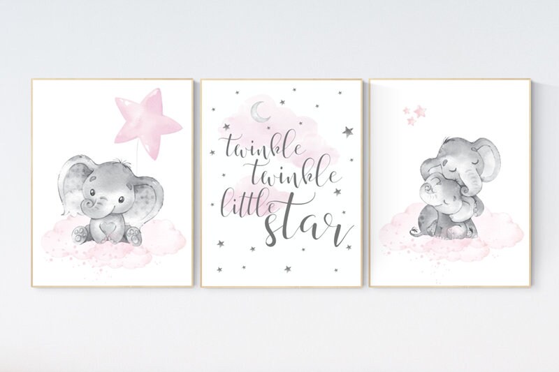 Nursery decor girl, Elephant nursery art, elephant nursery print, twinkle twinkle little star, baby room wall art, girl nursery wall decor