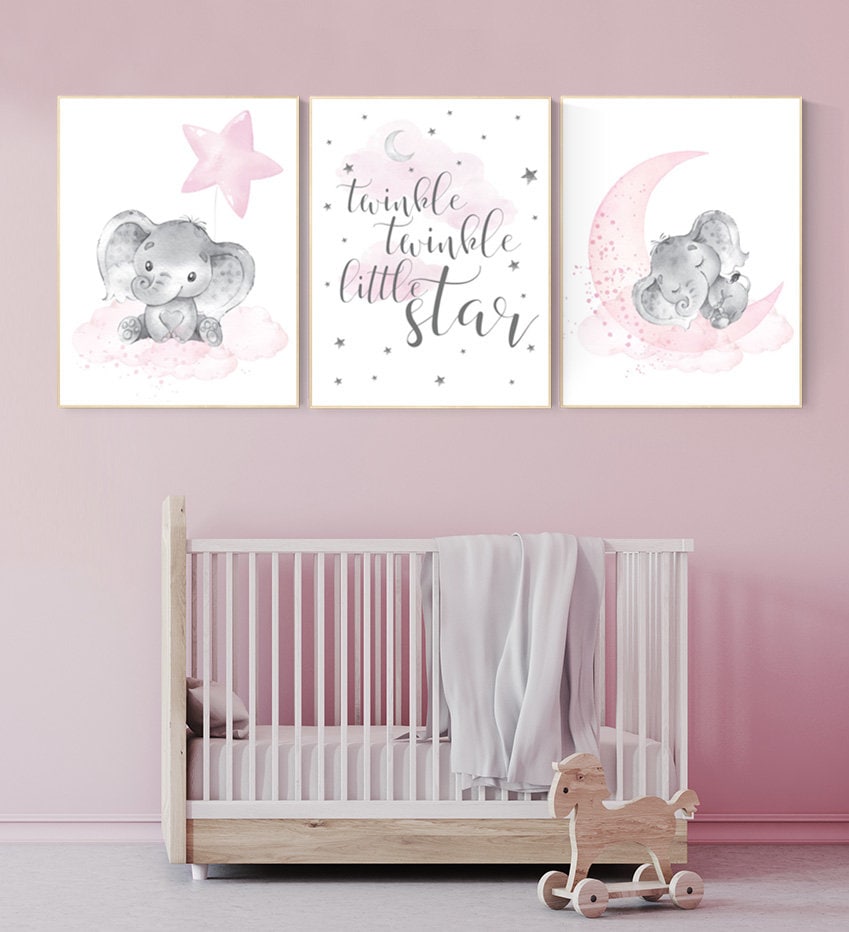 Elephant nursery, nursery wall art elephant, nursery decor girl, twinkle twinkle little star, baby room, girl nursery decor, moon and stars