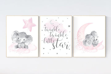 Elephant nursery, nursery wall art elephant, nursery decor girl, twinkle twinkle little star, baby room, girl nursery decor, moon and stars
