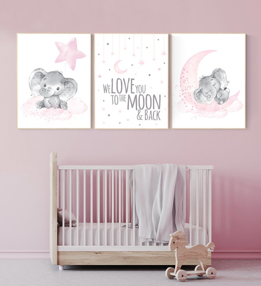 Nursery decor girl, we love you to the moon and back, baby room wall art, girl nursery decor, Elephant nursery, nursery wall art elephant