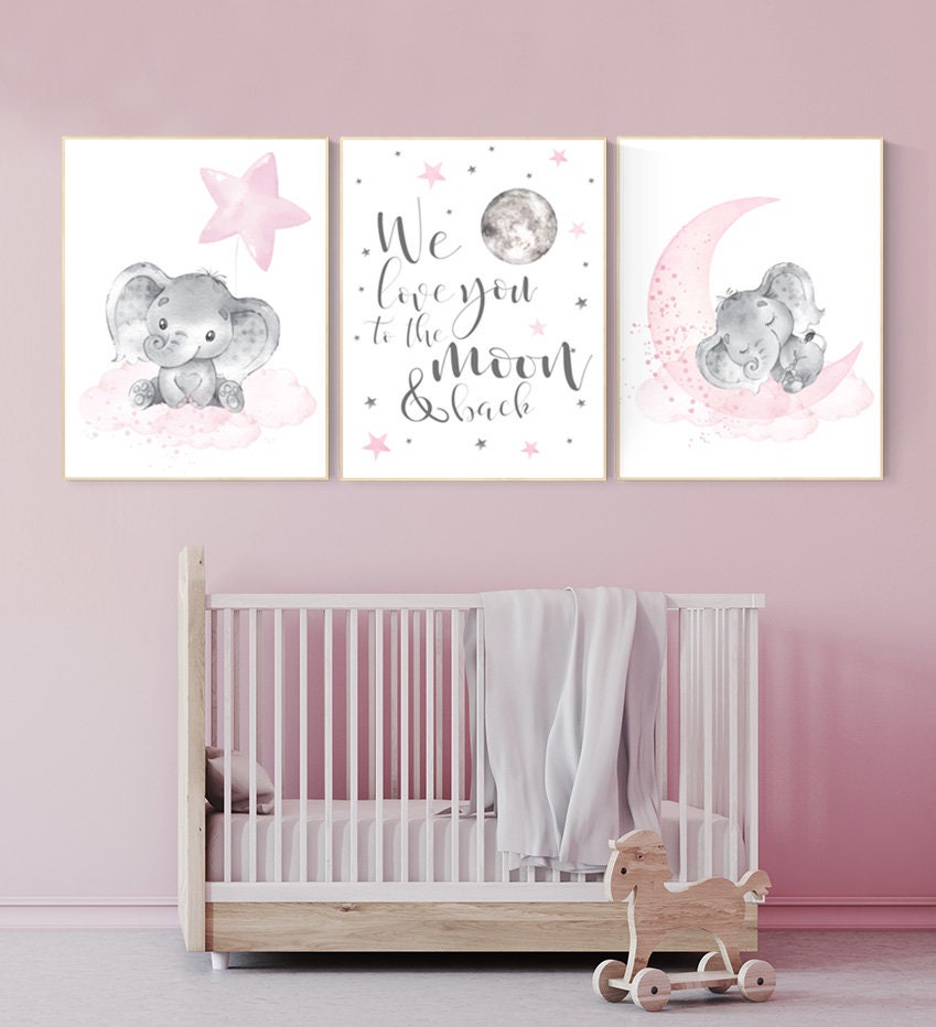 Nursery decor girl Elephant, pink grey nursery, nursery wall art,  girl nursery wall decor, pink gray, we love you to the moon and back