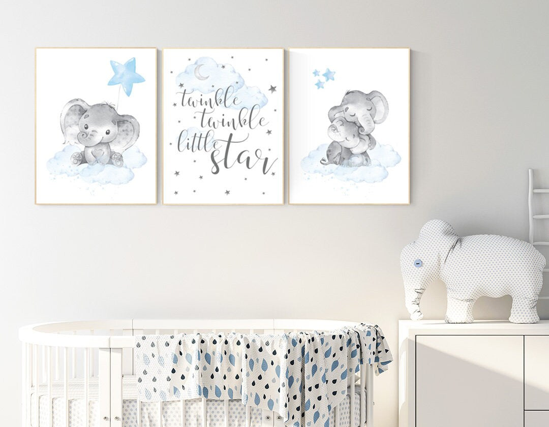 Nursery decor boy elephant, Elephant nursery, nursery decor, boys room decor, twinkle twinkle little star, clouds and stars elephant nursery
