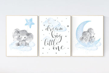 Nursery decor boy elephant, nursery wall art elephant, baby room decor boy, dream big little one, Elephant Nursery Art, Baby Boy Nursery Art