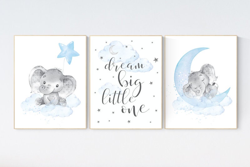 Nursery decor boy elephant, nursery wall art elephant, baby room decor boy, dream big little one, Elephant Nursery Art, Baby Boy Nursery Art