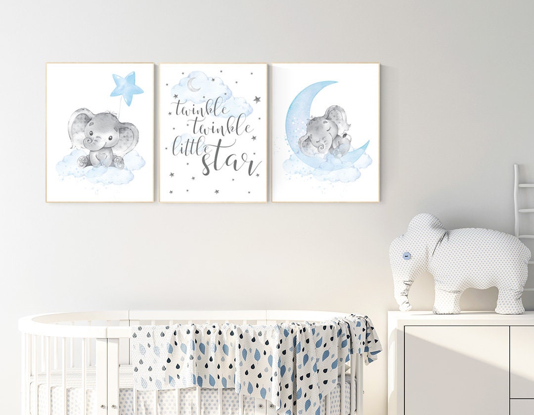 Nursery decor boy elephant, twinkle twinkle little star, clouds and stars elephant nursery, Elephant nursery, nursery decor, boys room decor