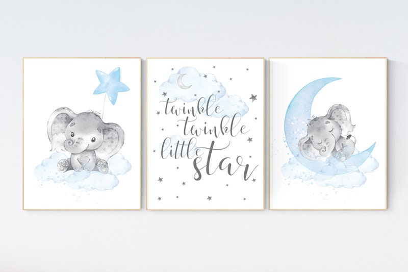 Nursery decor boy elephant, twinkle twinkle little star, clouds and stars elephant nursery, Elephant nursery, nursery decor, boys room decor