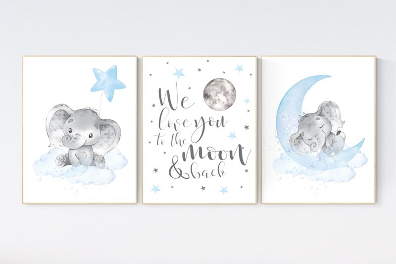 Nursery decor boy elephant, nursery wall art elephant, we love you to the moon and back, Elephant Nursery, boy nursery art, moon and stars