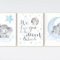 Nursery decor boy elephant, nursery wall art elephant, we love you to the moon and back, Elephant Nursery, boy nursery art, moon and stars