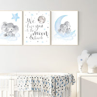 Nursery decor boy elephant, nursery wall art elephant, we love you to the moon and back, Elephant Nursery, boy nursery art, moon and stars