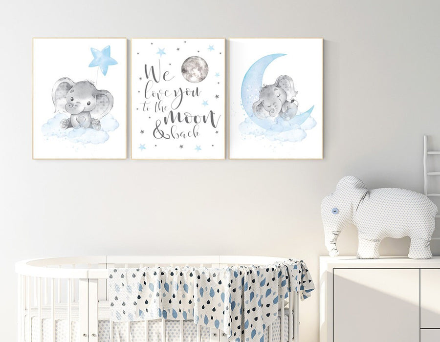 Nursery decor boy elephant, nursery wall art elephant, we love you to the moon and back, Elephant Nursery, boy nursery art, moon and stars