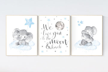 Nursery decor boy elephant, nursery wall art elephant, we love you to the moon and back, Elephant Nursery, boy nursery art, moon and stars