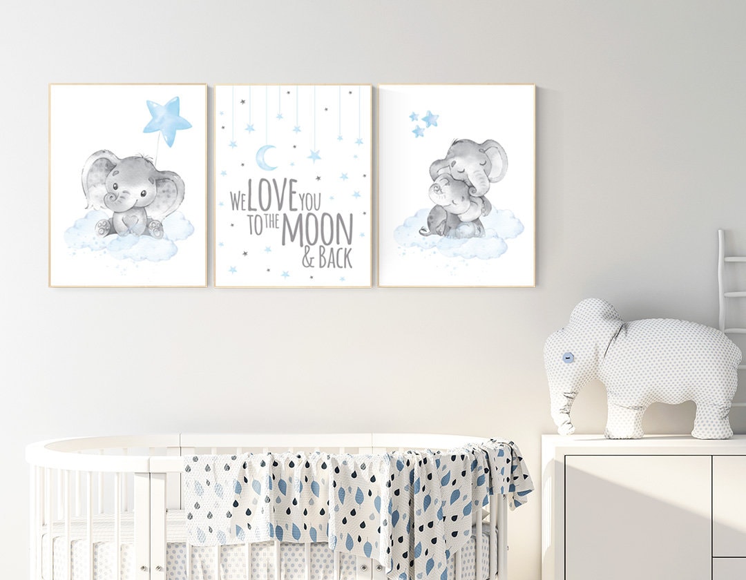 Nursery decor boy elephant, nursery wall art elephant, we love you to the moon and back, Elephant Nursery, boy nursery art, moon and stars