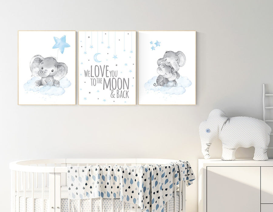 Nursery decor boy elephant, nursery wall art elephant, we love you to the moon and back, Elephant Nursery, boy nursery art, moon and stars