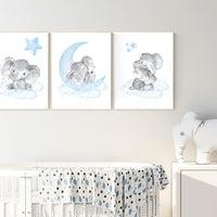 Nursery decor boy elephant, nursery wall art elephant, baby room decor boy, moon and stars, baby room wall art, Baby blue nursery Art