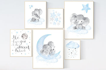 Nursery decor elephant, nursery wall art boy, Blue grey, moon and stars nursery, elephant nursery art, moon nursery art, baby room wall art