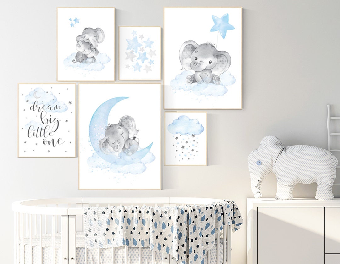 Nursery decor elephant, nursery wall art boy, Blue grey, moon and stars nursery, elephant nursery art, dream big little one, boy nursery art