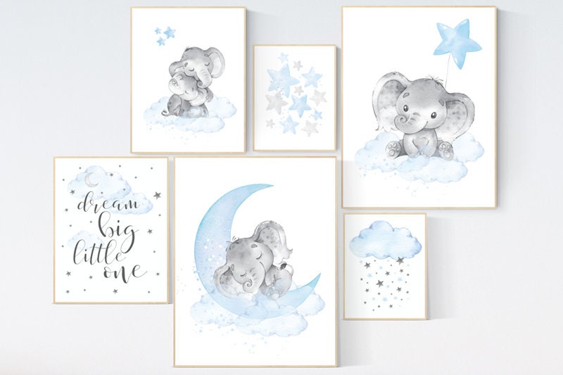 Nursery decor elephant, nursery wall art boy, Blue grey, moon and stars nursery, elephant nursery art, dream big little one, boy nursery art