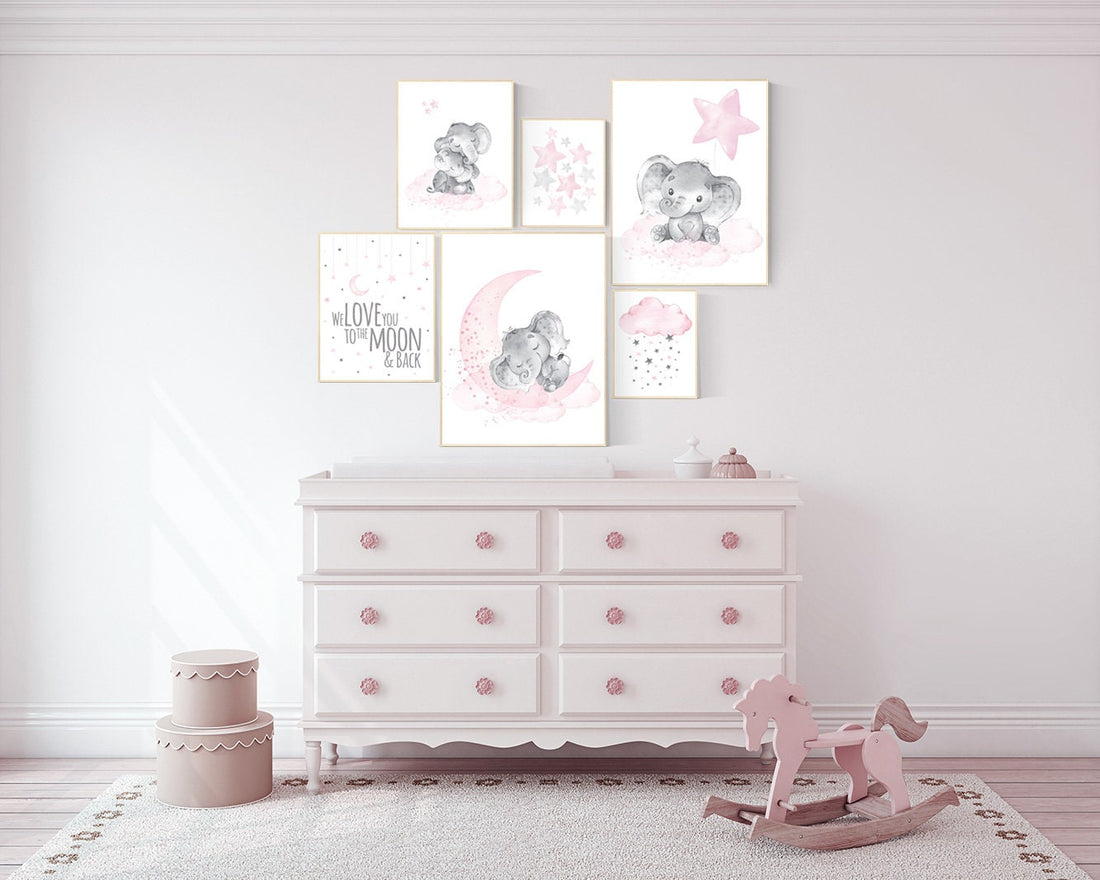 Nursery wall art girl elephant, pink grey, nursery decor girl pink, we love you to the moon and back, moon and stars, baby room decor girl