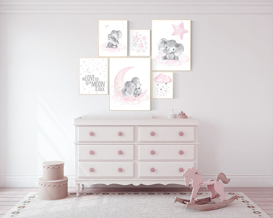 Nursery wall art girl elephant, pink grey, nursery decor girl pink, we love you to the moon and back, moon and stars, baby room decor girl