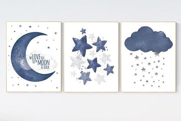 Navy nursery decor, cloud and stars, moon and stars, navy blue nursery art. baby room wall art, boy nursery decor, set of 3, nursery art