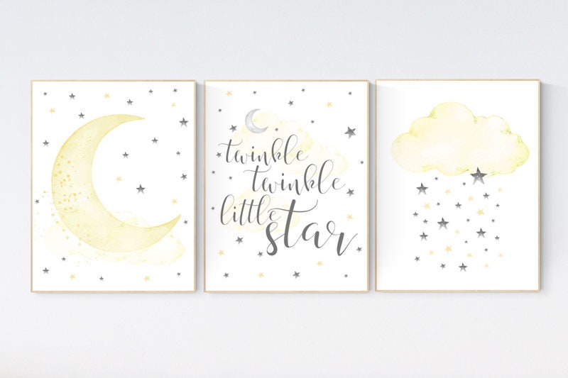 Yellow nursery decor, twinkle twinkle little star, Yellow gray, yellow grey, moon, cloud and stars nursery, gender neutral, twin nursery