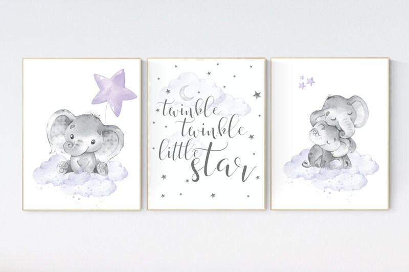 Nursery decor girl purple, nursery prints elephant, Girls room decor purple, moon and stars, lavender, star nursery, lilac nursery, cloud