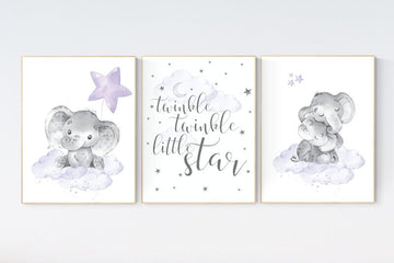 Nursery decor girl purple, nursery prints elephant, Girls room decor purple, moon and stars, lavender, star nursery, lilac nursery, cloud