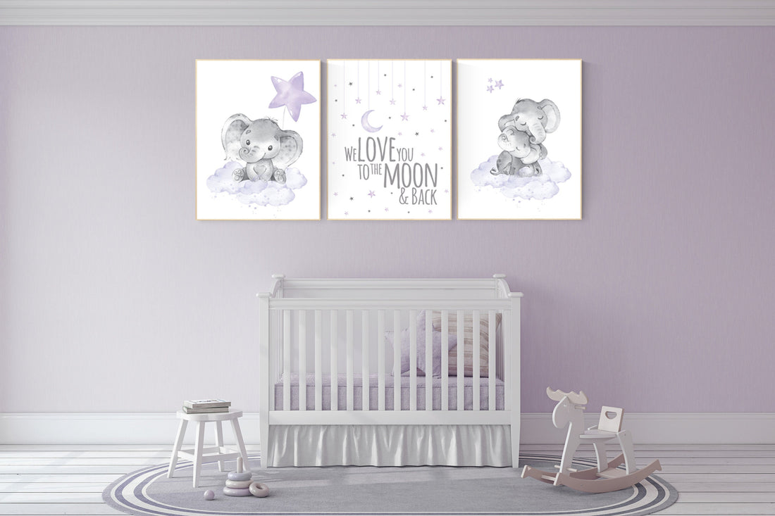 Nursery decor girl purple, nursery decor girl elephant, cloud and stars nursery wall art, nursery prints girl, lavender, lilac nursery