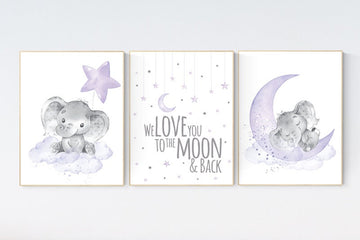 Elephant Nursery Wall Art, We Love You to the Moon and Back, Purple Baby Room Decor, Moon and Stars Prints, Unframed Baby Girl Posters