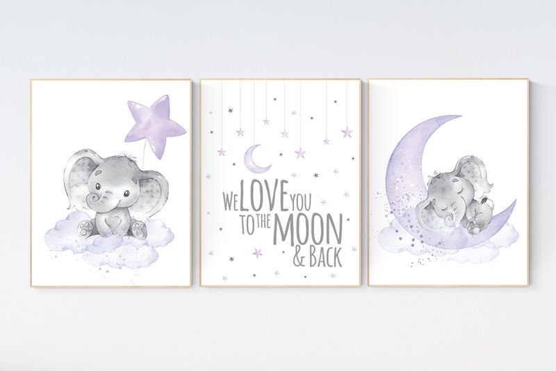 Elephant Nursery Wall Art, We Love You to the Moon and Back, Purple Baby Room Decor, Moon and Stars Prints, Unframed Baby Girl Posters
