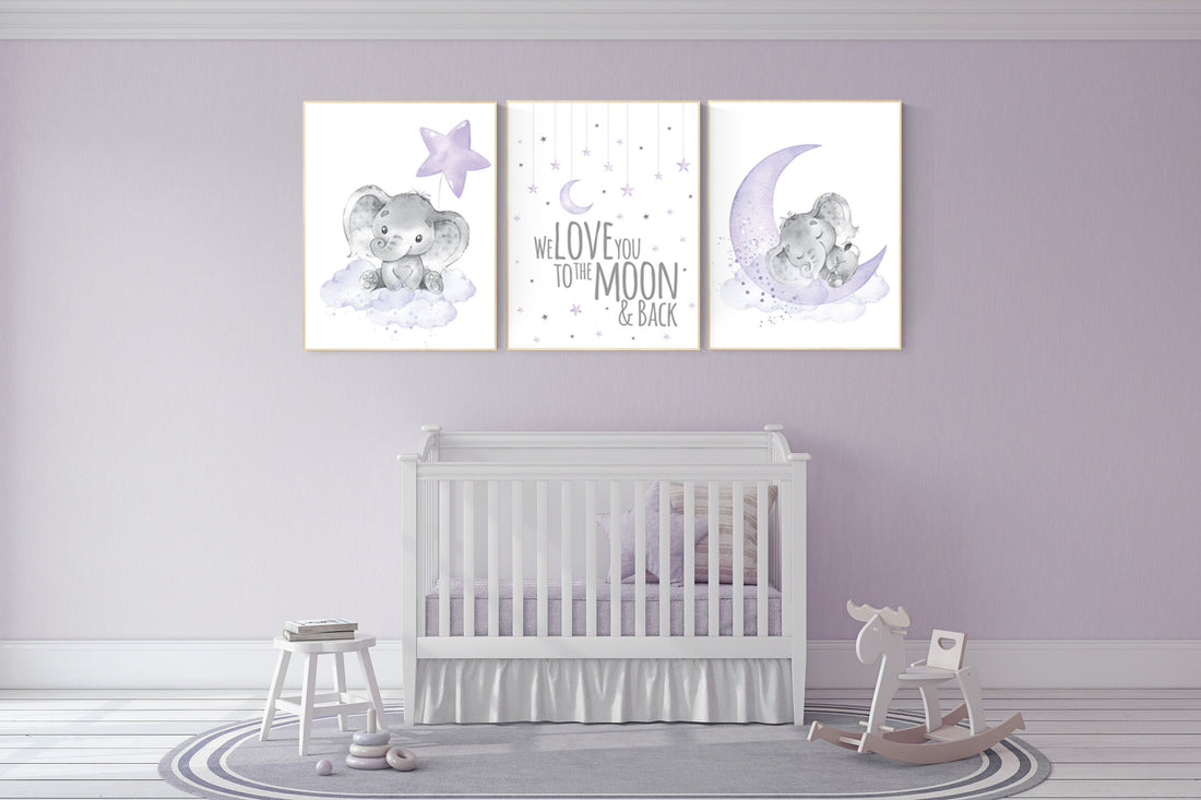 Elephant Nursery Wall Art, We Love You to the Moon and Back, Purple Baby Room Decor, Moon and Stars Prints, Unframed Baby Girl Posters