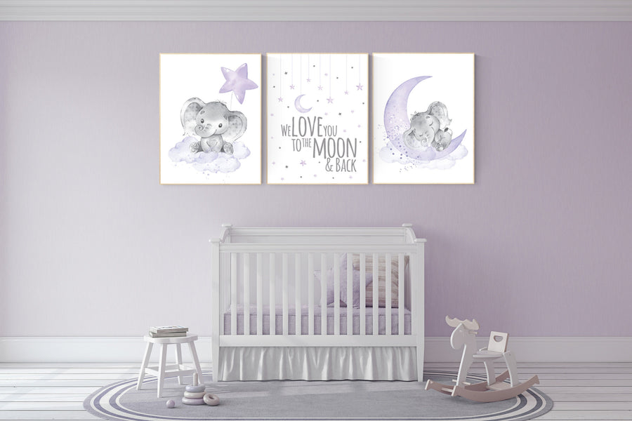 Elephant Nursery Wall Art, We Love You to the Moon and Back, Purple Baby Room Decor, Moon and Stars Prints, Unframed Baby Girl Posters