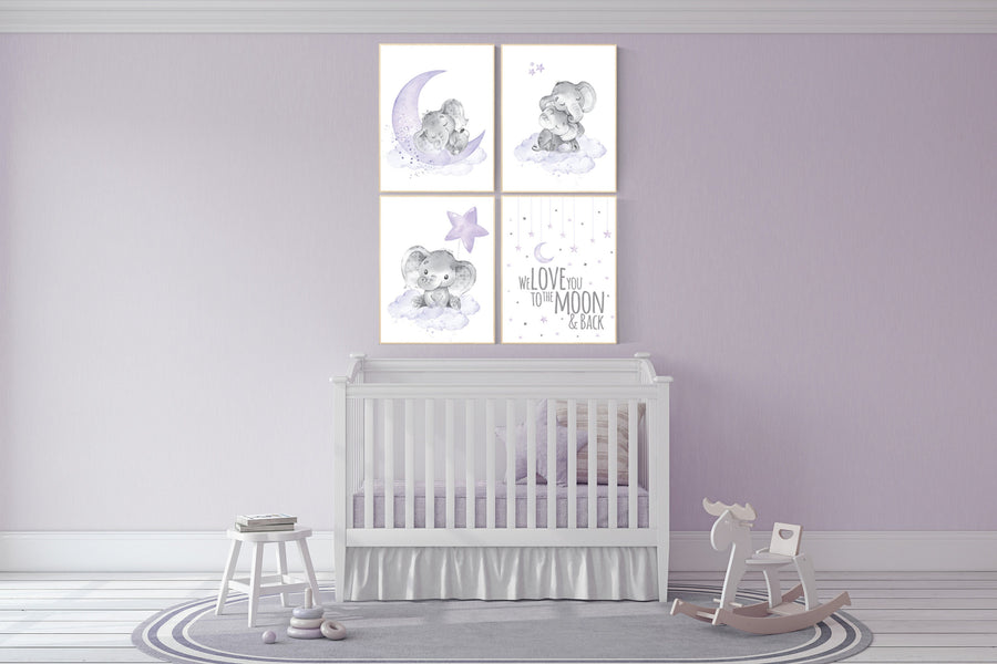 Nursery decor girl, purple nursery, nursery wall art elephant, baby room wall art, girl nursery prints, moon and stars, girl nursery art