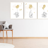 Gold nursery wall art, elephant balloon print, nursery wall art  elephant, gold nursery decor, gold nursery art, gender neutral baby room