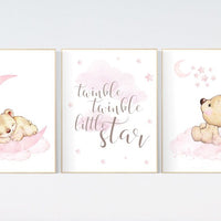 Nursery decor bear, bear nursery decor for girls, twinkle twinkle little star, girl wall art, nursery wall art girl nursery pink nursery art