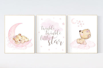 Nursery decor bear, bear nursery decor for girls, twinkle twinkle little star, girl wall art, nursery wall art girl nursery pink nursery art