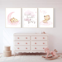 Nursery decor bear, bear nursery decor for girls, twinkle twinkle little star, girl wall art, nursery wall art girl nursery pink nursery art