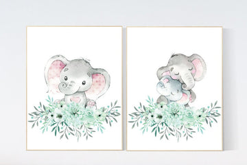 Boho nursery decor, elephant nursery wall art, mint nursery wall art, nursery decor woodland, boho decor for nursery, gender neutral nursery