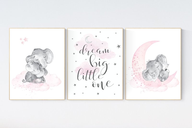 Elephant nursery, nursery wall art elephant, nursery decor girl, dream big little one, pink nursery, baby room decor girl, nursery prints