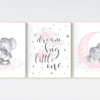 Elephant nursery, nursery wall art elephant, nursery decor girl, dream big little one, pink nursery, baby room decor girl, nursery prints